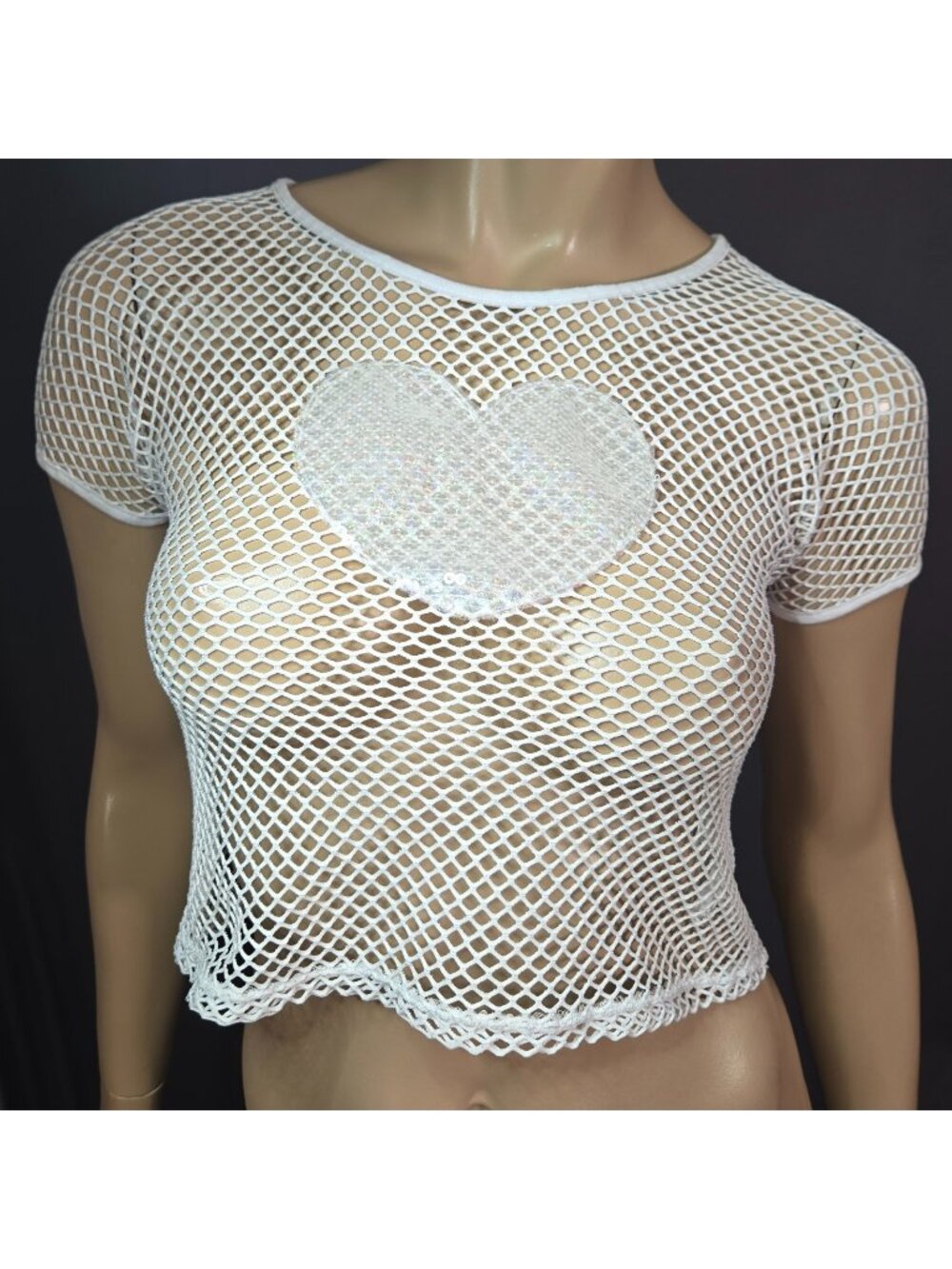 Vintage Y2K White Fishnet Mesh Crop Top Sequin Heart Short Sleeve Size S